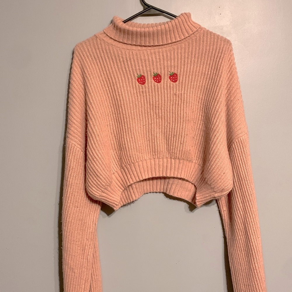 Strawberry Pattern Sweater, Turtle Neck Long Sleeve Sweater